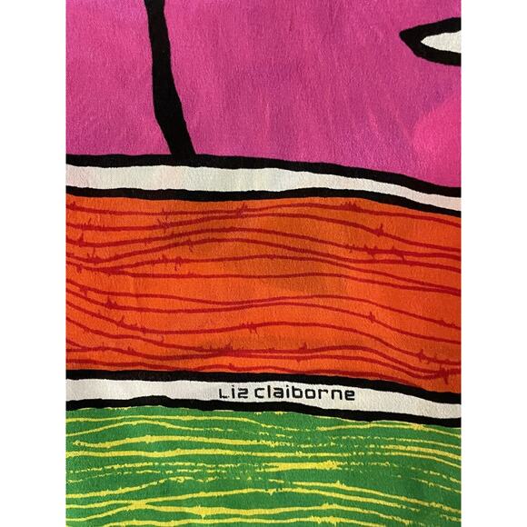 Vintage Liz Claiborne Scarf Wrap 80s Colorful Tropical Palms Green Pink Signed - Picture 4 of 5